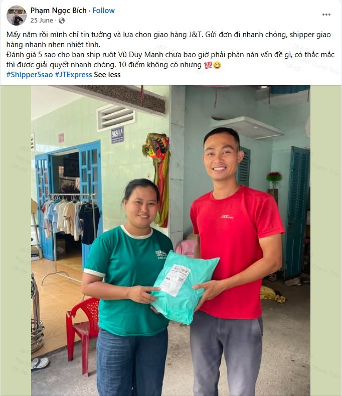 Bài đăng chia sẻ cảm nhận của người dùng trên Facebook. Nguồn: J&T Express.