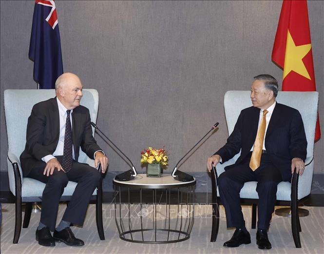 Tổng Bí thư, Chủ tịch nước Tô Lâm và ông Steven Joyce, Quyền Chủ tịch Hội Hữu nghị New Zealand - Việt Nam. Ảnh: Thống Nhất – TTXVN