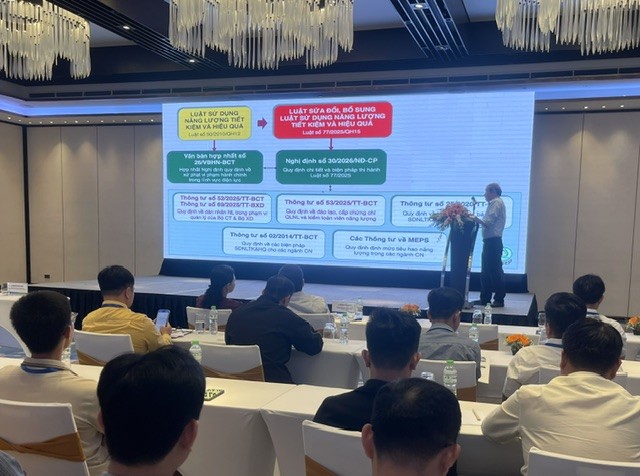 Ông Nguyễn Đình Hiệp, Chủ tịch (VECEA), chia sẻ chuyên đề về Chính sách, văn bản quy định pháp luật thúc đẩy sử dụng năng lượng tiết kiệm, hiệu quả. Ảnh: Ngô Anh Văn