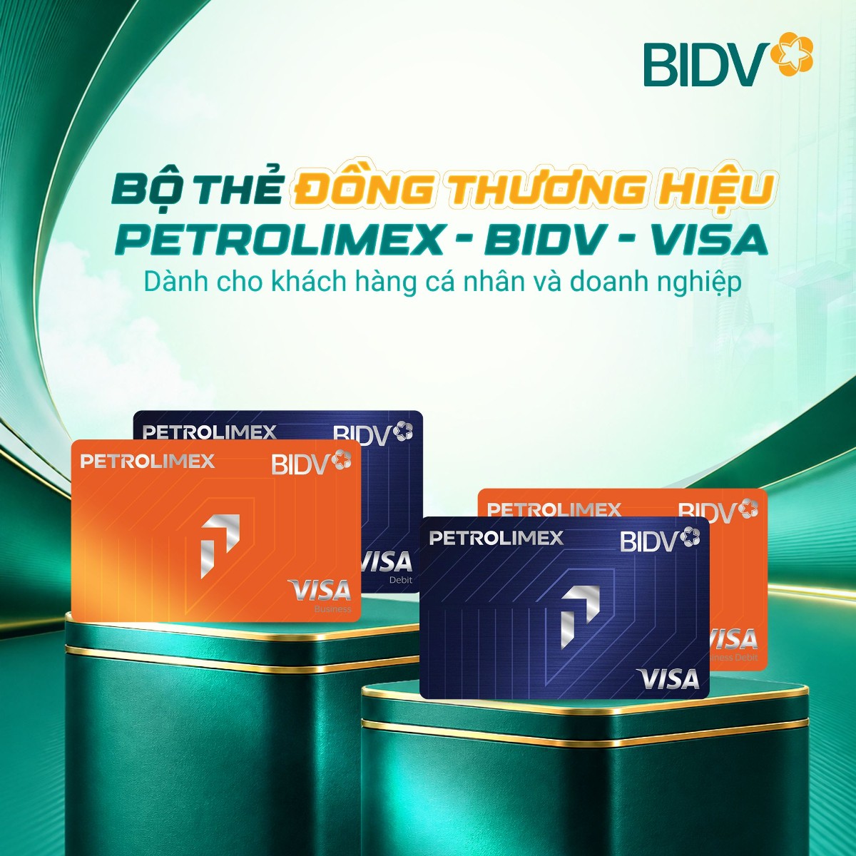 Bộ thẻ đồng thương hiệu Petrolimex - BIDV - Visa gồm các dòng thẻ ghi nợ và thẻ tín dụng dành cho khách hàng cá nhân và doanh nghiệp.