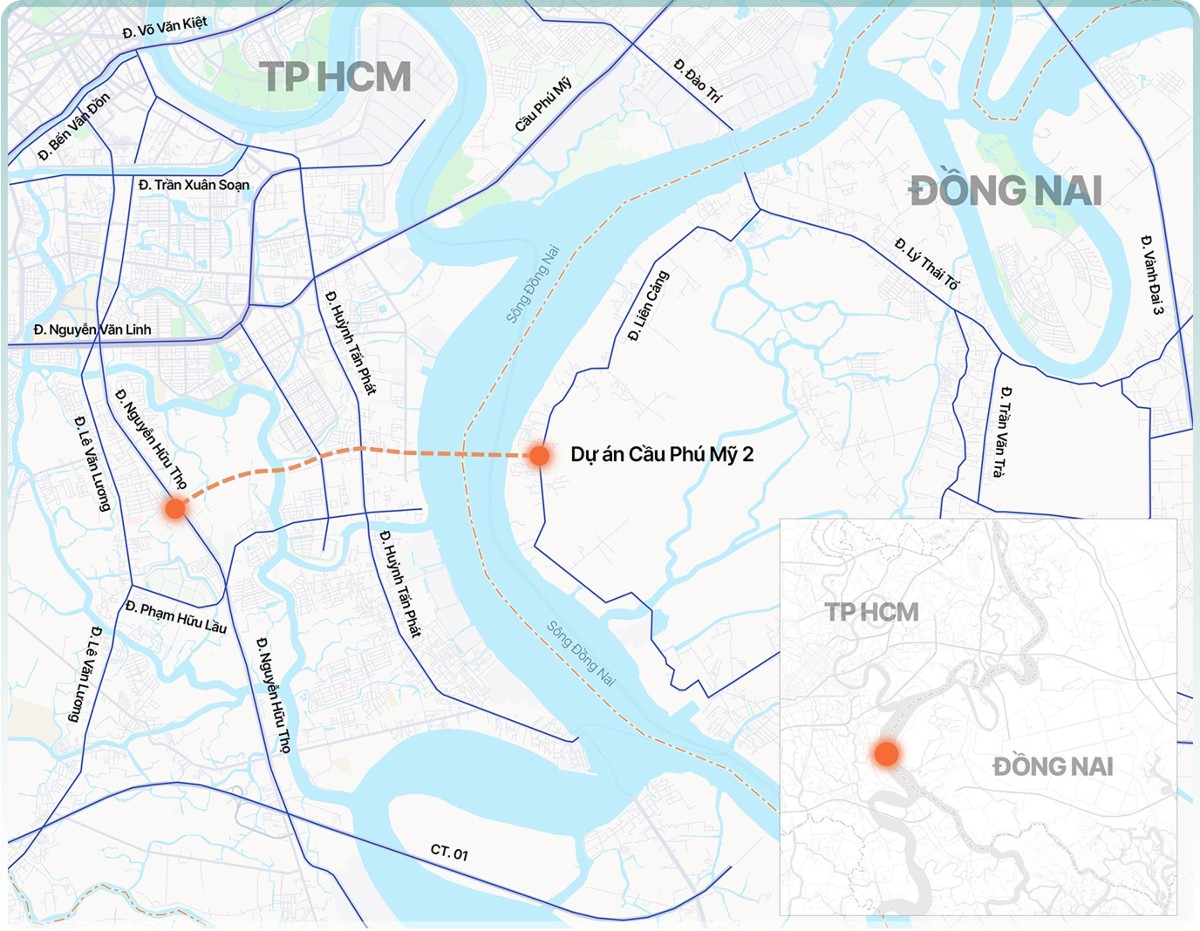 Hướng tuyến dự án cầu Phú Mỹ 2. Đồ họa: Tâm Thảo.