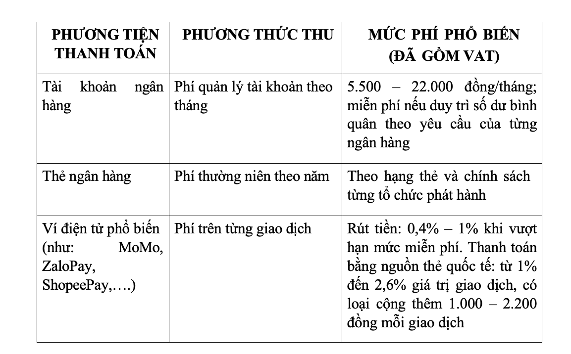Các&nbsp;phương thức&nbsp;thanh toán&nbsp;có thu phí&nbsp;trên thị trường. Nguồn: Tổng hợp.