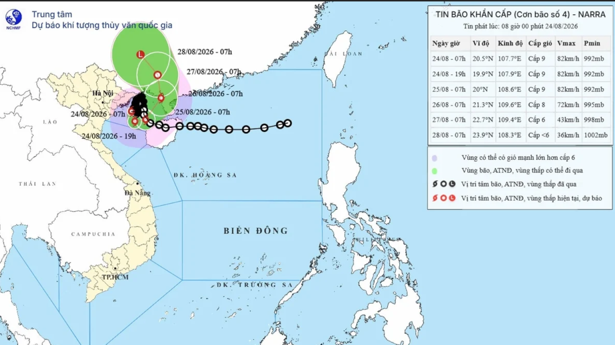 Dự báo cường độ và hướng di chuyển của bão số 4. Ảnh: Trung tâm Dự báo khí tượng thủy văn quốc gia.