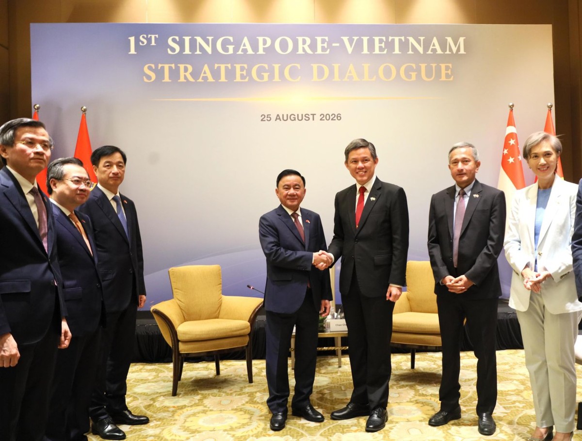 Phó tổng thư ký PAP Chan Chun Sing (thứ ba từ phải sang) và Thường trực Ban Bí thư Trần Cẩm Tú tại lễ đón trước Đối thoại chiến lược ngày 25-8 - Ảnh: Dangcongsan.vn