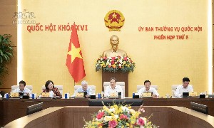 Chủ tịch Quốc hội Trần Thanh Mẫn, Phó Chủ tịch Thường trực Quốc hội Đỗ Văn Chiến cùng các Phó Chủ tịch Quốc hội tại Phiên họp. Ảnh: quochoi.vn.
