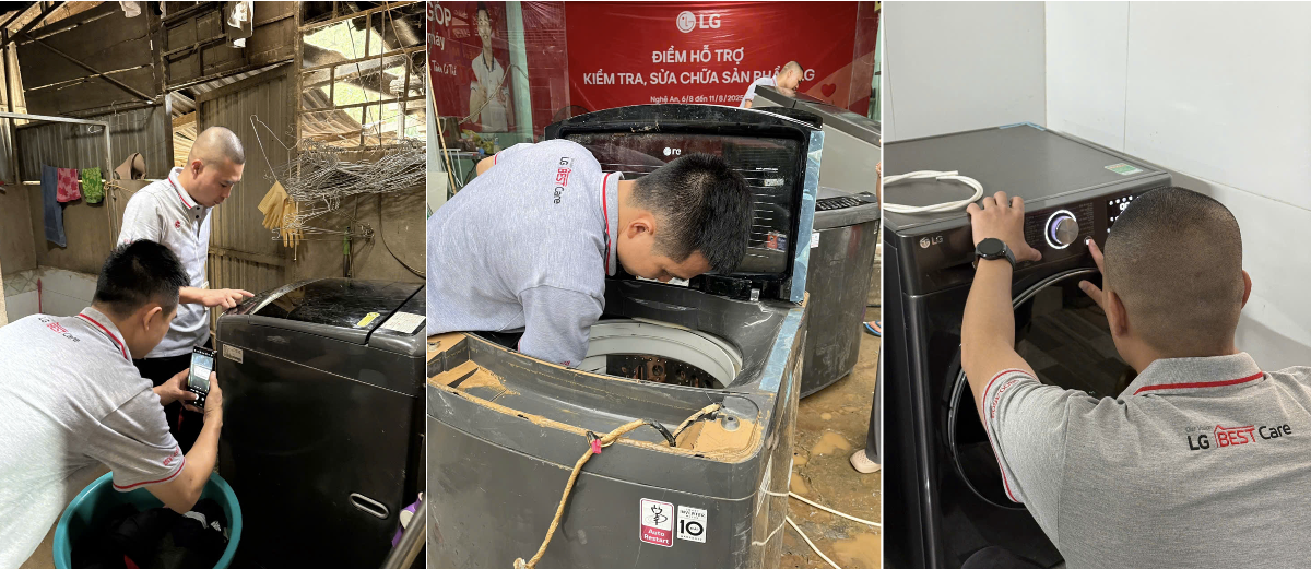 Đội ngũ kĩ thuật viên LG tại các điểm hỗ trợ sửa chữa thiết bị cho người dân sau lũ. Nguồn: LG Best Care.