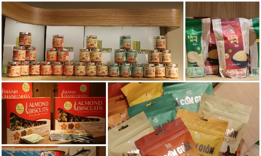 Các đặc sản nổi tiếng An Giang được trưng bày tại 62 Tràng Tiền (Hà Nội). Ảnh: Cục Quản lý và Phát triển thị trường trong nước.