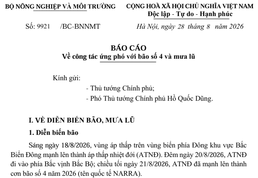 Báo cáo của Bộ Nông nghiệp và Môi trường.