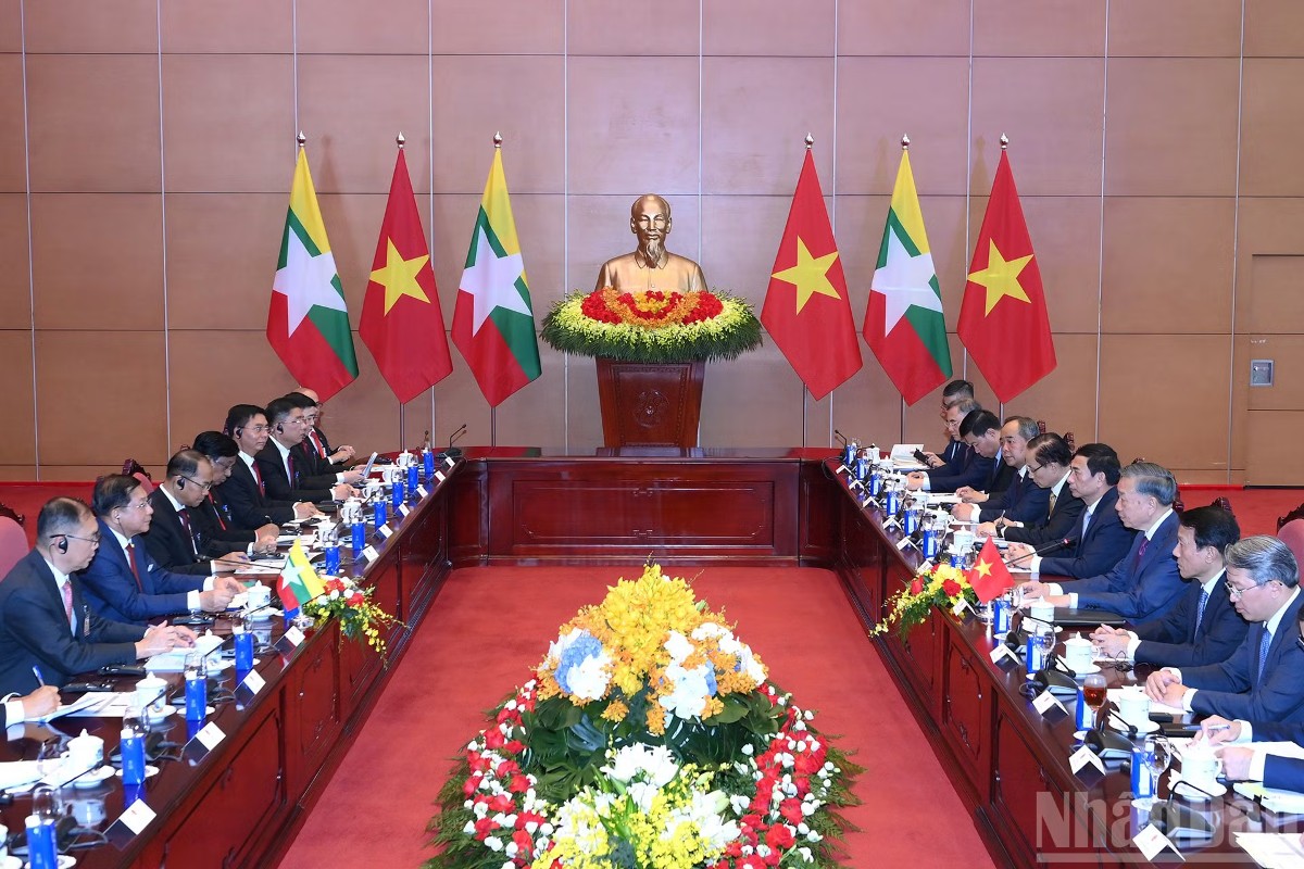 Tổng Bí thư, Chủ tịch nước Tô Lâm hội đàm﻿ với Tổng thống Myanmar Min Aung Hlaing. Ảnh: Nhân Dân