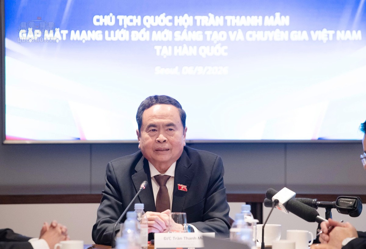 Chủ tịch Quốc hội Trần Thanh Mẫn phát biểu tại cuộc gặp mặt. Ảnh: Cổng thông tin điện tử Quốc hội.