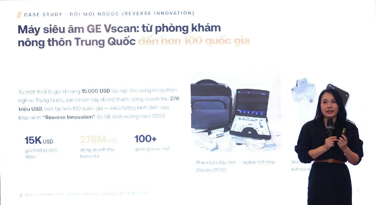 Bà Nguyễn Thị Minh Giang, Nhà sáng lập kiêm CEO của Newing, chia sẻ câu chuyện của Tập đoàn GE tại Trung Quốc về "đổi mới sáng tạo ngược" tại buổi công bố sự kiện. Ảnh: Newing
