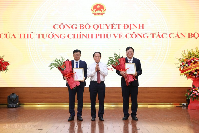 Phó Thủ tướng Lê Tiến Châu trao Quyết định bổ nhiệm Phó Tổng Thanh tra Chính phủ đối với ông Phạm Thành Ngại và ông Nguyễn Thanh Tuấn - Ảnh: chinhphu.vn/Thu Sa