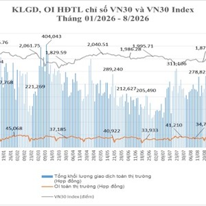 Biểu đồ điểm chỉ số KLG, OI HĐTL chỉ số VN30 và VN30 Index tháng 1-8/2026.