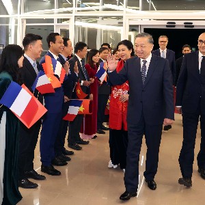 Cán bộ, nhân viên Đại sứ quán và cộng đồng người Việt Nam tại Pháp đón Tổng Bí thư, Chủ tịch nước Tô Lâm và Phu nhân. Ảnh: Thống Nhất – TTXVN
