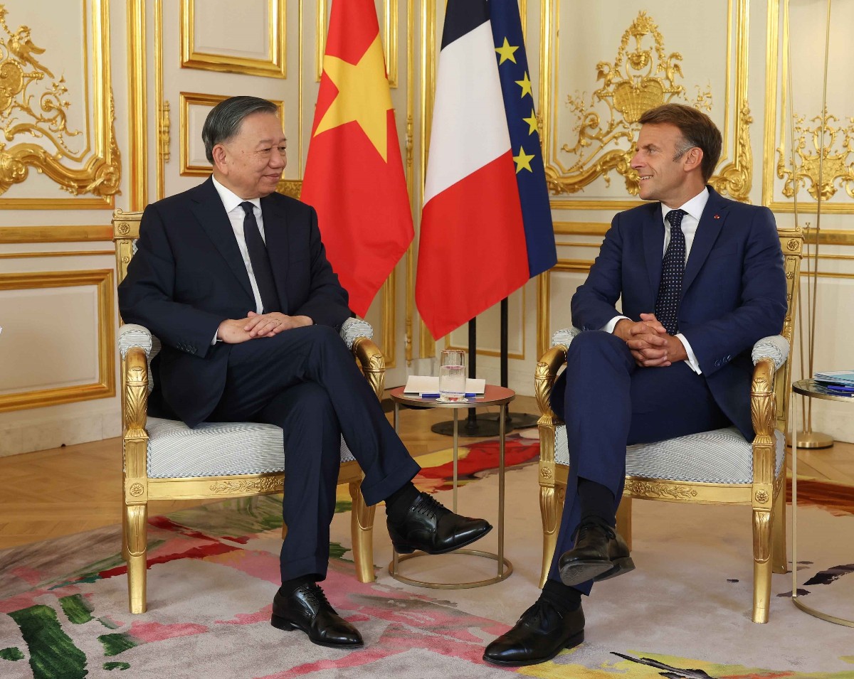 Tổng Bí thư, Chủ tịch nước Tô Lâm và Tổng thống Pháp Emmanuel Macron hội đàm. Ảnh: TTXVN.