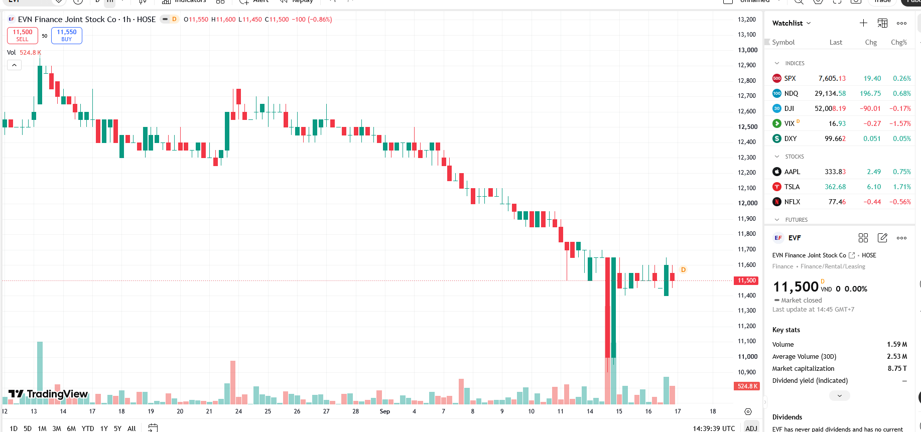 Sơ đồ giá cổ phiếu EVF trên TradingView.