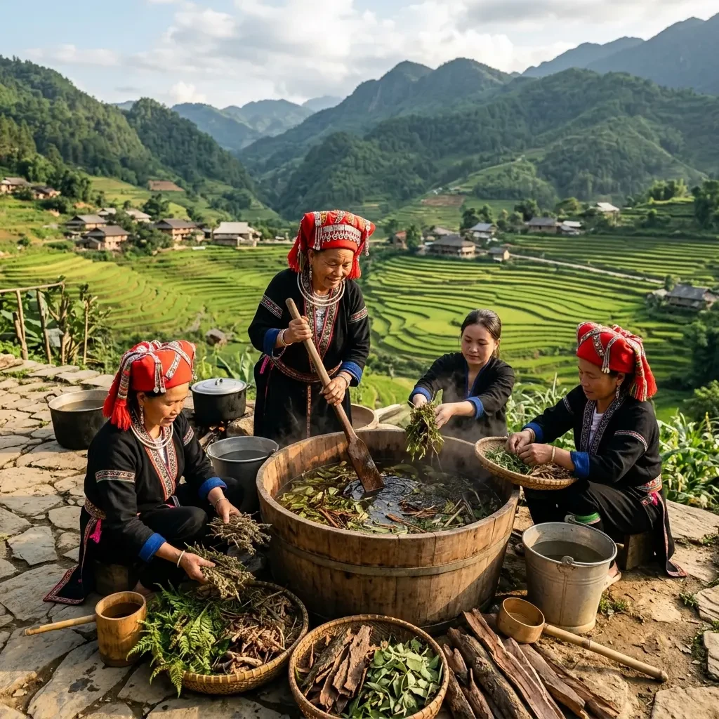 Bài thuốc tắm của người Dao đỏ đang trở thành một sản phẩm du lịch đặc hữu. Ảnh: SapaPass