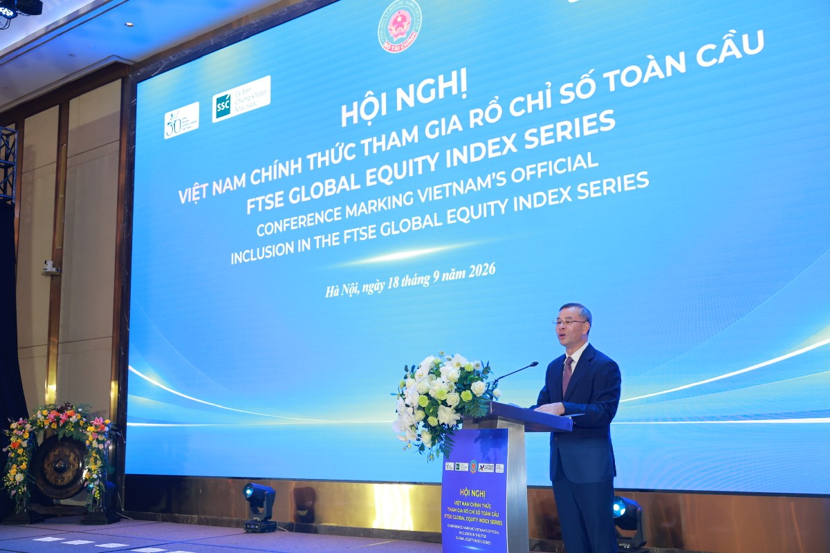 Bộ trưởng Bộ Tài chính Ngô Văn Tuấn phát biểu tại Hội nghị “Việt Nam chính thức tham gia vào rổ chỉ số toàn cầu – FTSE Russell Global Equity Index Series” (FTSE GEIS). Ảnh: Việt Dũng.