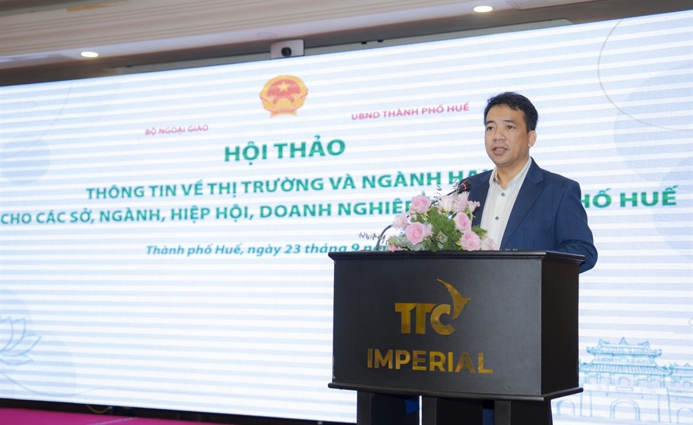 Ông Trần Hữu Thùy Giang, Phó Chủ tịch UBND thành phố Huế phát biểu tại hội thảo. Ảnh: UBND TP Huế