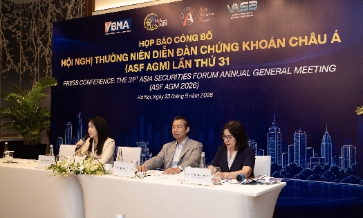 Đại diện VBMA và VASB tại họp báo công bố Hội nghị thường niên Diễn đàn Chứng khoán châu Á lần thứ 31 (ASF AGM 2026), ngày 23/9 tại Hà Nội. Đây là lần đầu tiên Việt Nam đăng cai sự kiện này. (Ảnh: PL)