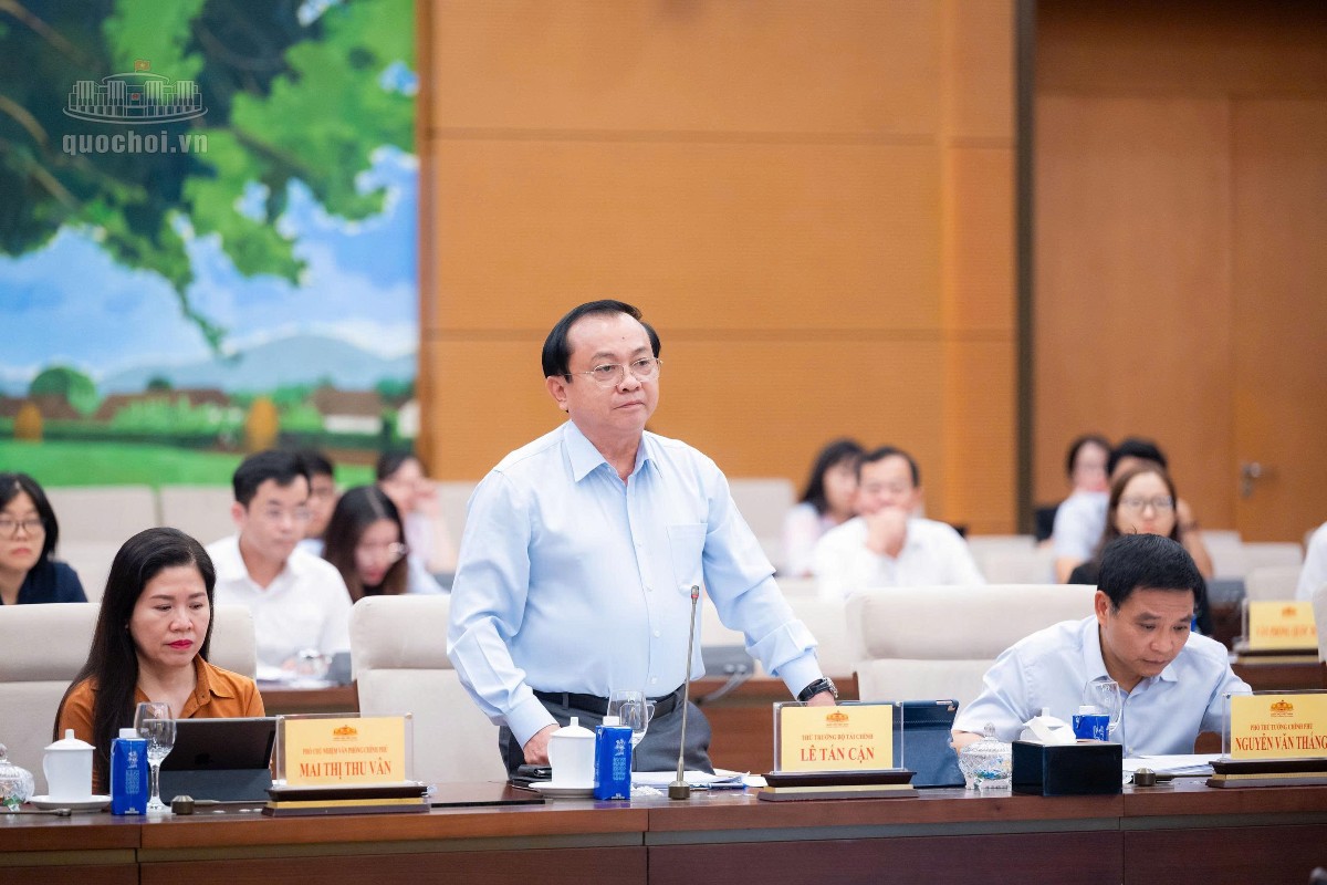 Thứ trưởng Bộ Tài chính Lê Tấn Cận trình bày Tờ trình tóm tắt dự án Luật Trưng mua, trưng dụng tài sản (sửa đổi). Ảnh: Cổng thông tin điện tử Quốc hội.