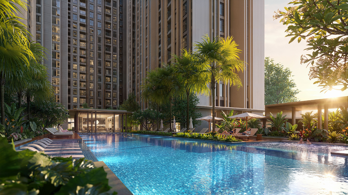 Cụm hồ bơi Aura Flow và bể sục Jacuzzi được quy hoạch giữa thảm xanh nội khu, mang lại không gian thư giãn chuẩn resort.
