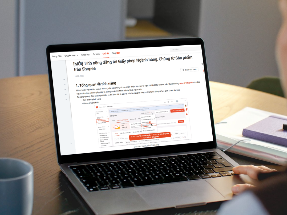 Nhà bán có thể đăng tải và quản lý giấy phép ngành hàng, chứng từ sản phẩm trên Shopee thông qua tính năng “Quản lý Giấy phép”. Nguồn: Shopee.