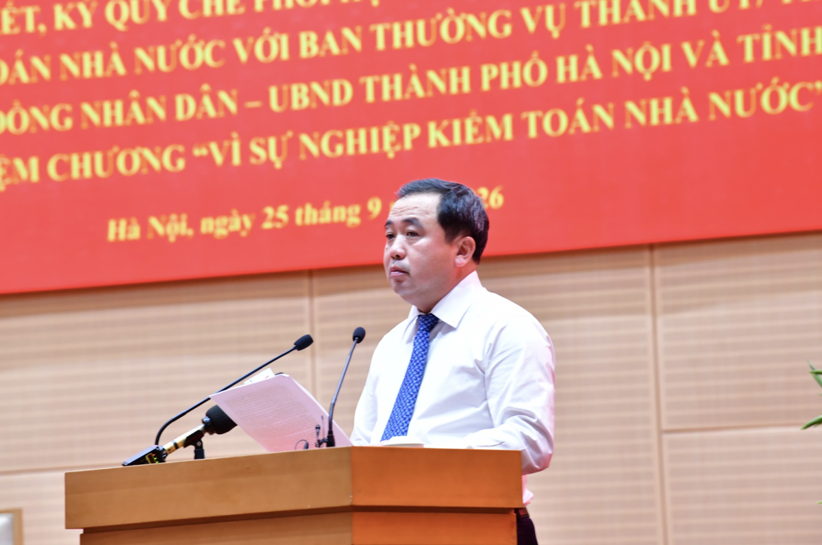 Ủy viên Bộ Chính trị, Bí thư Thành ủy Hà Nội Trần Đức Thắng phát biểu tại Hội nghị - Ảnh: KTNN