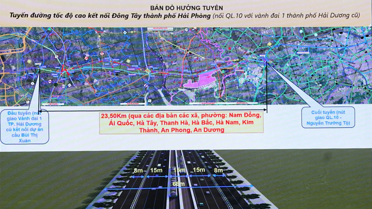 Bản đồ hướng tuyến tuyến đường tốc độ cao kết nối Đông Tây thành phố Hải Phòng. Nguồn: CTTTĐ Hải Phòng.