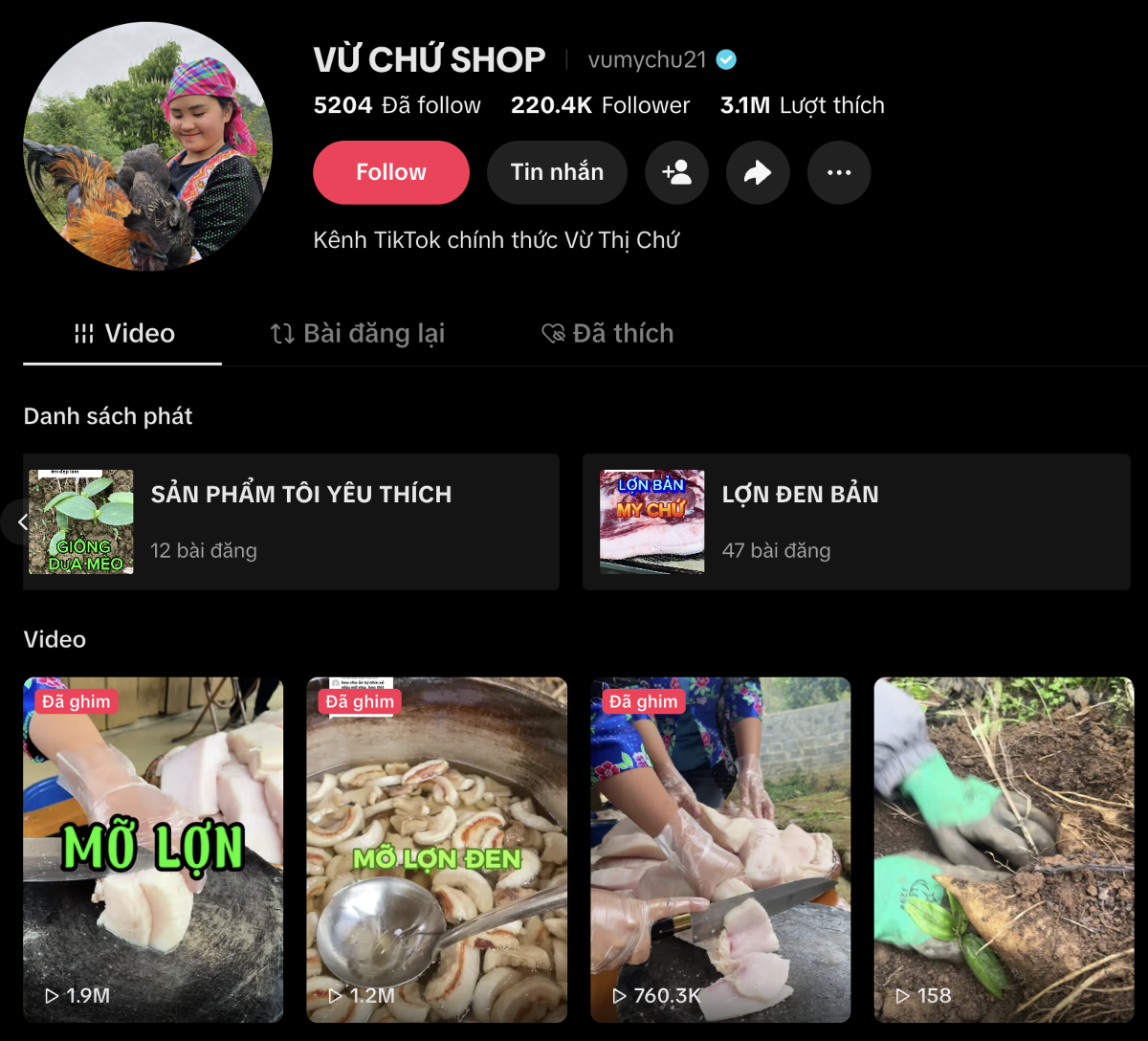 Kênh TikTok của chị Vừ Thị Chứ.