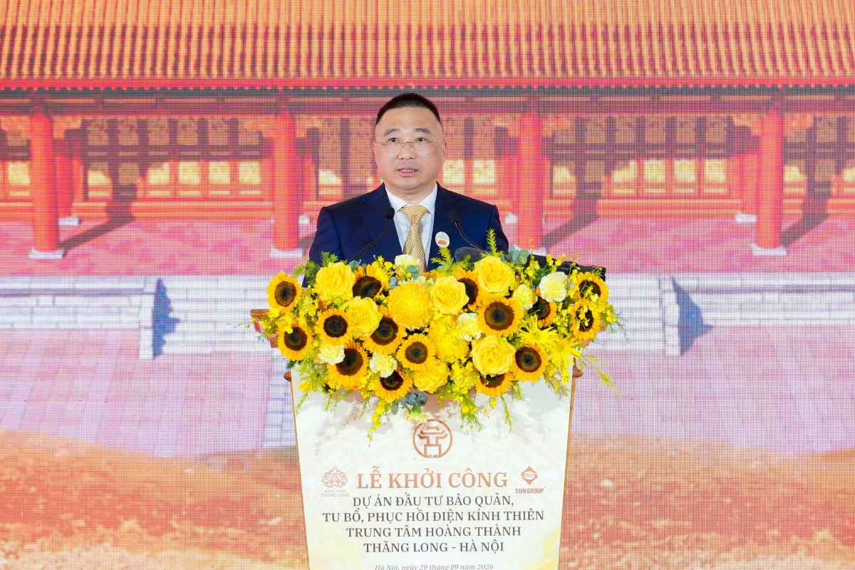Chủ tịch Ủy ban nhân dân thành phố Hà Nội Vũ Đại Thắng phát biểu tại Lễ khởi công. Ảnh: Hoàng thành Thăng Long