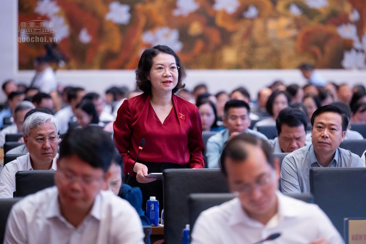 Phó Chủ nhiệm Ủy ban Pháp luật và Tư pháp Mai Thị Phương Hoa đóng góp ý kiến tại hội nghị. Ảnh: Cổng thông tin điện tử Quốc hội.
