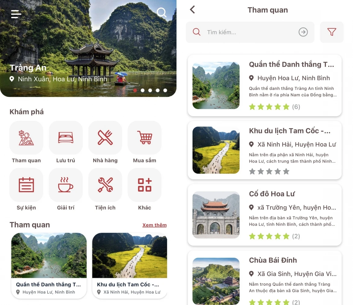 Giao diện ứng dụng NinhBinhTourismInfo. Ảnh chụp màn hình