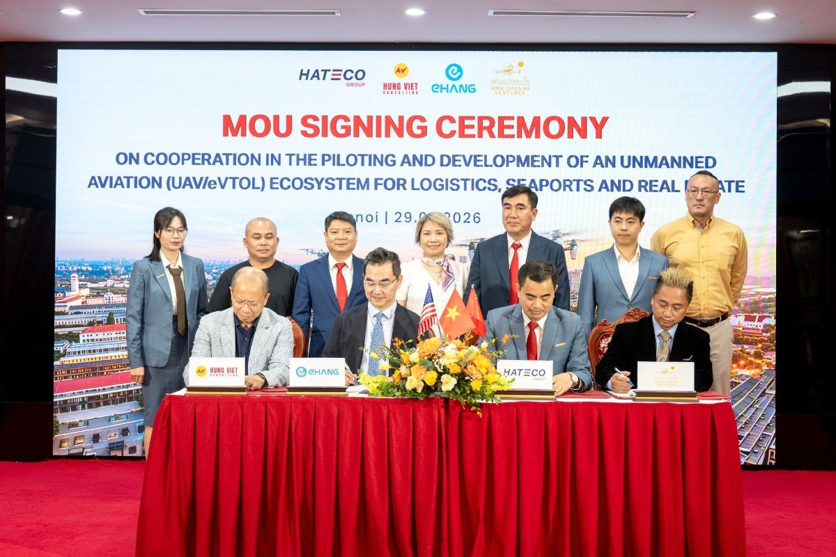 Nghi thức ký kết Biên bản Ghi nhớ về việc hợp tác thử nghiệm và triển khai hệ sinh thái hàng không không người lái (UAV/eVTOL) hướng tới ứng dụng trong lĩnh vực Logistics, Cảng biển và Bất động sản.