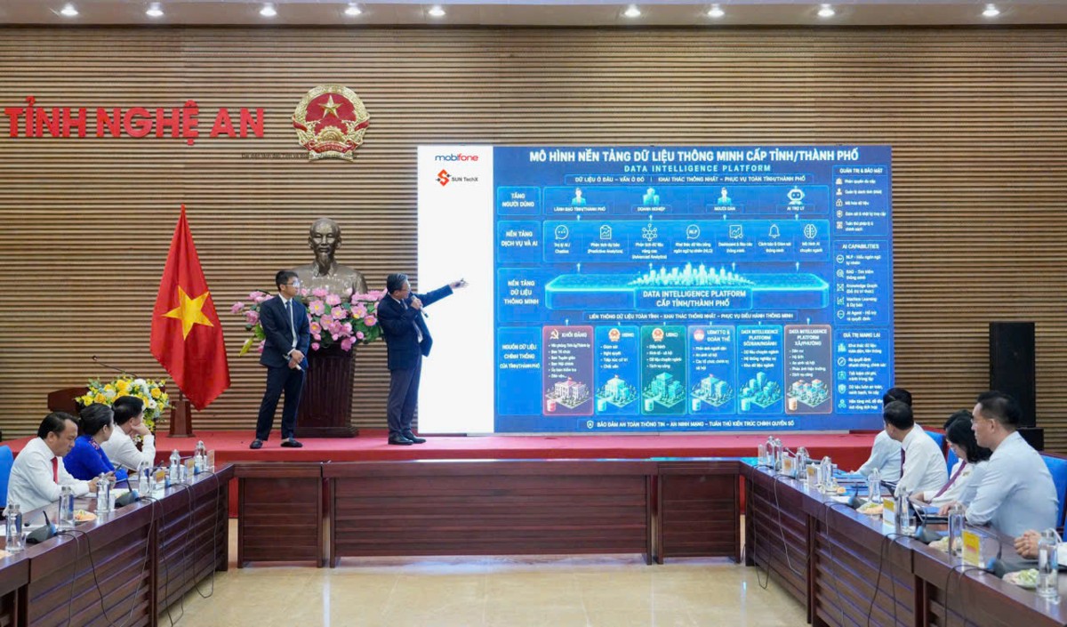 Đại diện các doanh nghiệp công nghệ trình bày cấu trúc kho dữ liệu chung của tỉnh. Ảnh: Phan Quỳnh