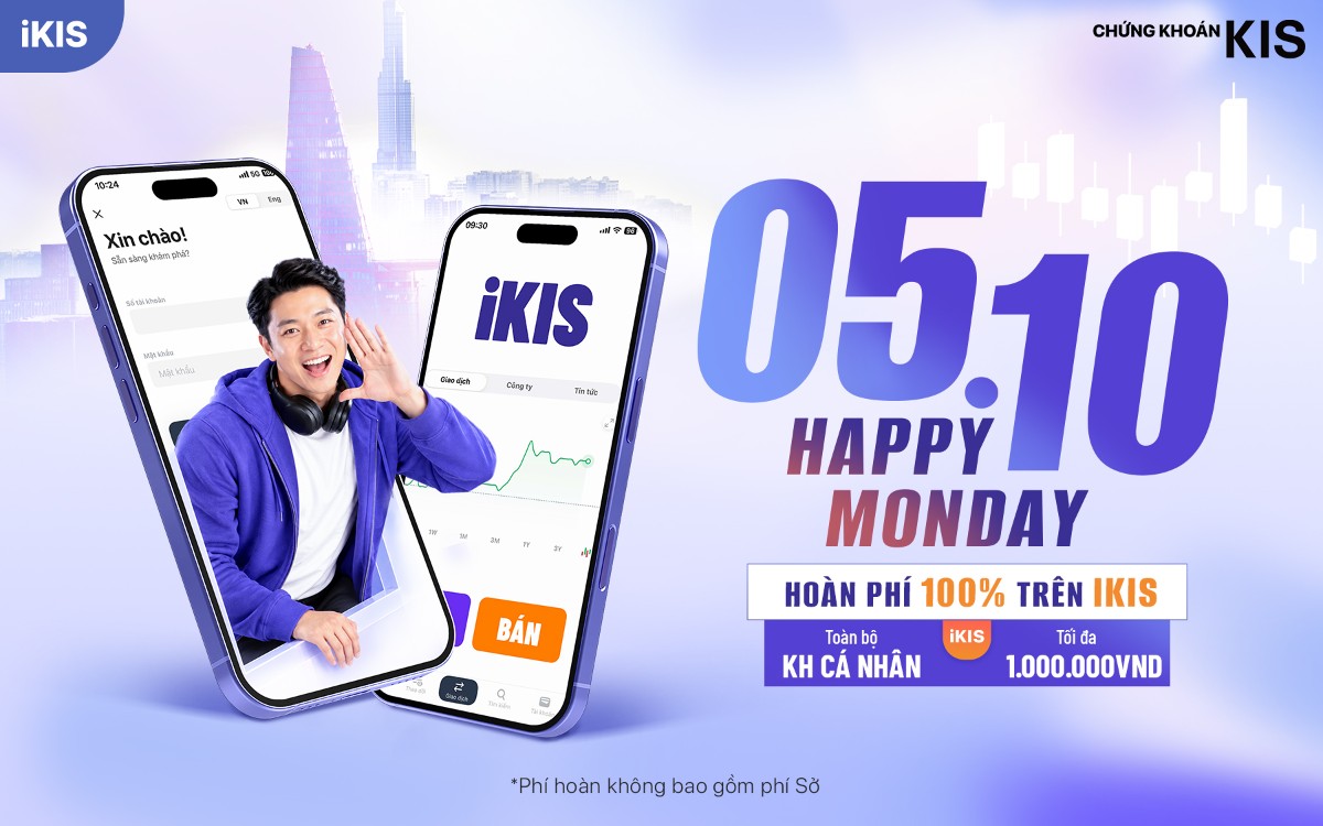 Happy Monday áp dụng cho khách hàng cá nhân giao dịch cổ phiếu trên ứng dụng iKIS vào thứ Hai đầu tiên mỗi tháng.