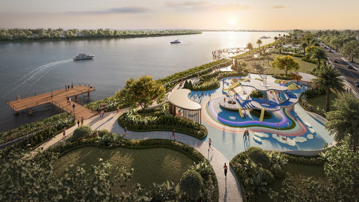 Mặt nước khoáng đạt cùng thảm xanh nguyên bản tại Elyse Island tạo nên không gian sống hài hòa bền vững.