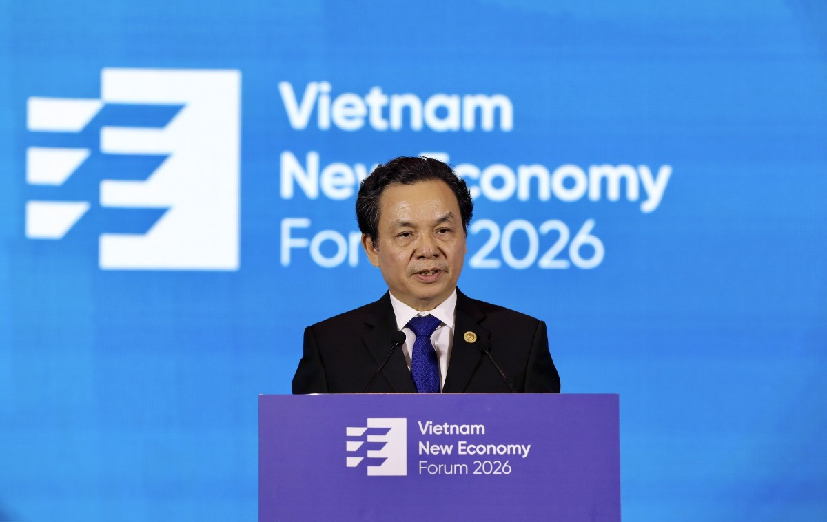 GS-TS Hoàng Văn Cường, Phó Chủ tịch Hội Khoa học Kinh tế Việt Nam, phát biểu khai mạc Diễn đàn Kinh tế mới thường niên 2026. Ảnh: Việt Dũng
