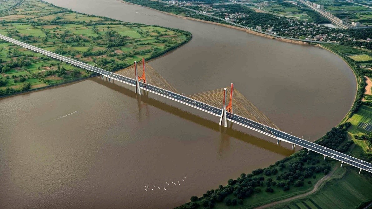 Cầu Ngọc Hồi bắc qua sông Hồng, kết nối khu vực Thanh Trì (Hà Nội) với Văn Giang (Hưng Yên).