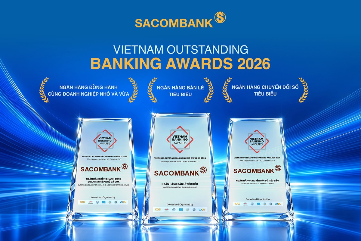 SACOMBANK được vinh danh 3 danh hiệu trong khuôn khổ giải thưởng Ngân hàng Việt Nam tiêu biểu 2026.