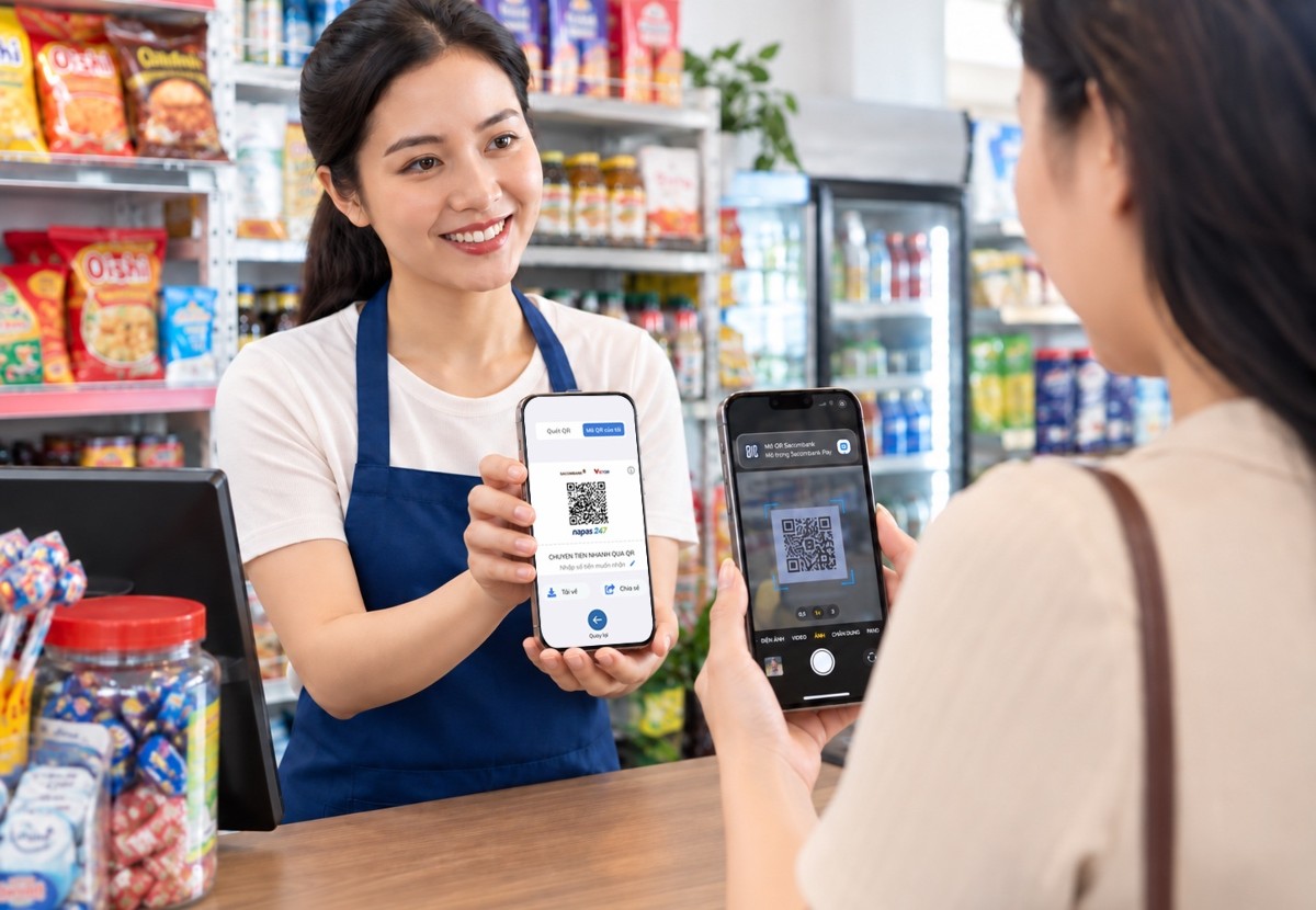 VietQR trên SACOMBANK PAY giúp hộ kinh doanh đơn giản hóa thao tác nhận thanh toán tại cửa hàng và khi bán hàng trực tuyến.