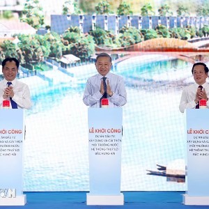 Tổng Bí thư, Chủ tịch nước Tô Lâm và các đại biểu thực hiện nghi thức khởi công Dự án nâng cấp, hiện đại hóa và cải thiện môi trường nước hệ thống thủy lợi Bắc Hưng Hải - Ảnh: TTXVN