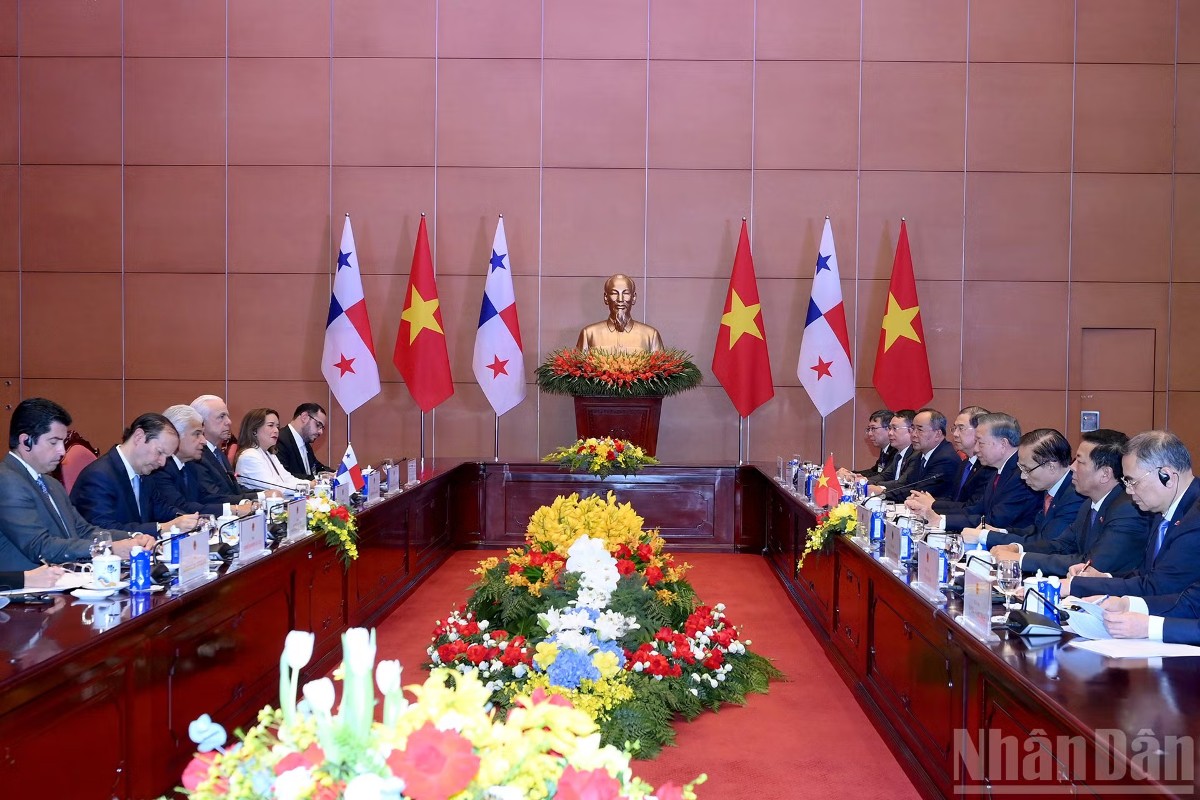 Tổng Bí thư, Chủ tịch nước Tô Lâm hội đàm với Tổng thống Panama Jose Raul Mulino. Ảnh: Nhân Dân