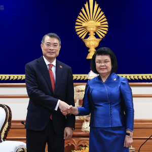 Thủ tướng Chính phủ Lê Minh Hưng hội kiến Chủ tịch Quốc hội Campuchia Khuon Sudary - Ảnh: chinhphu.vn/Nhật Bắc