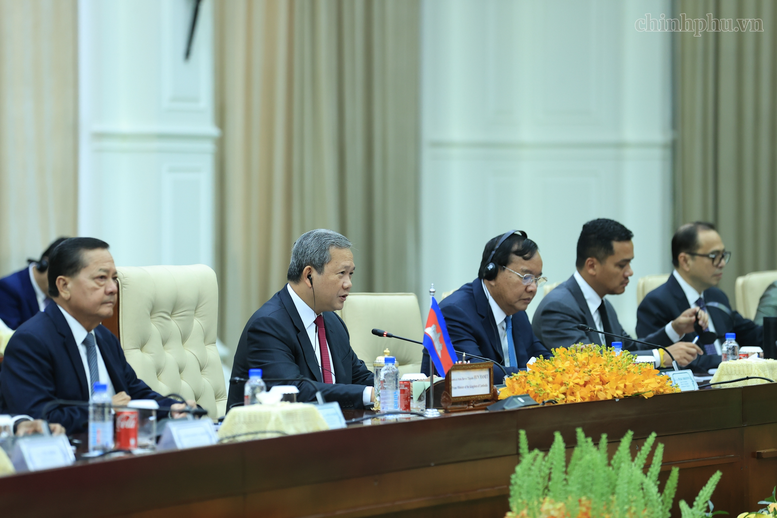 Thủ tướng Hun Manet khẳng định Chính phủ và nhân dân Campuchia luôn mong muốn cùng Việt Nam gìn giữ, phát huy quan hệ láng giềng tốt đẹp, hữu nghị truyền thống, hợp tác toàn diện, bền vững lâu dài, vì hòa bình, ổn định và thịnh vượng của hai nước - Ảnh: chinhphu.vn/Nhật Bắc