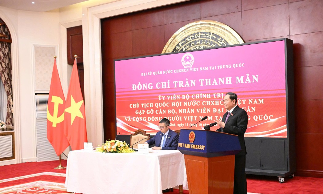 Chủ tịch Quốc hội Trần Thanh Mẫn phát biểu tại buổi gặp gỡ. Ảnh: Cổng thông tin điện tử Quốc hội.