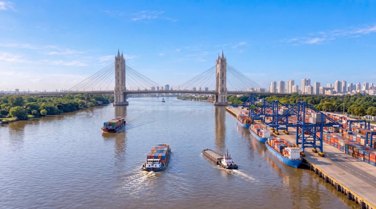 Phối cảnh tổng thể Cảng thủy nội địa Giang Biên bên sông Đuống, được quy hoạch trên diện tích hơn 35ha. Ảnh: Hateco.