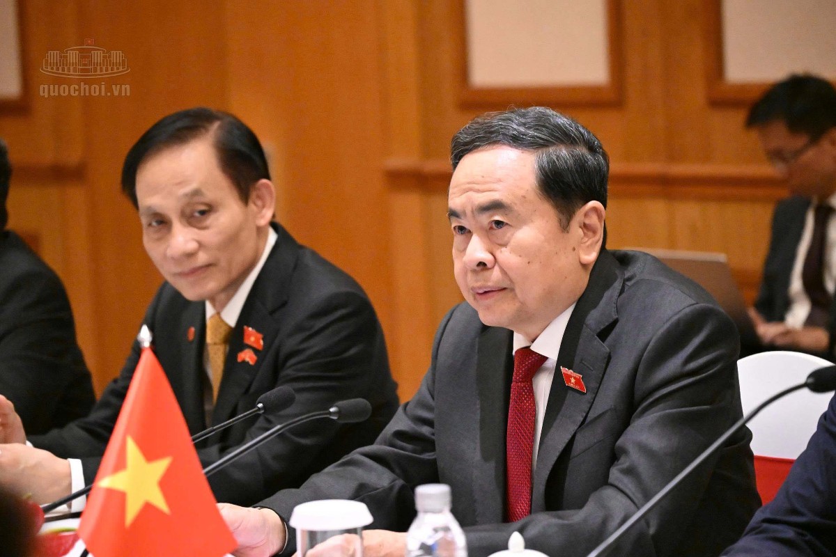 Chủ tịch Quốc hội Trần Thanh Mẫn phát biểu tại cuộc tiếp. Ảnh: Cổng thông tin điện tử Quốc hội.