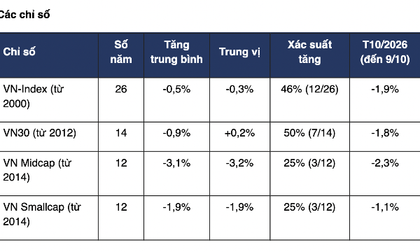 Lịch sử hơn 20 năm cho thấy tháng 10 thị trường thường tiêu cực, dòng tiền ưu tiên nhóm vốn hóa lớn