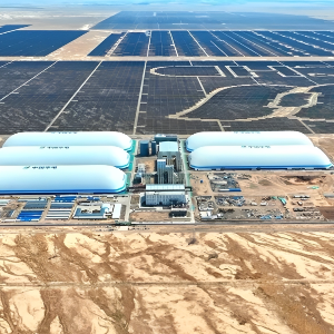 Toàn cảnh dự án lưu trữ năng lượng CO₂ nén 100 MW/1.000 MWh giữa vùng hoang mạc Gobi thuộc huyện Mộc Lũy, Tân Cương- nơi 5 khoang chứa khí và 141 đơn vị chứa lỏng CO₂ cùng vận hành để điều tiết lưới điện. Ảnh: Tân Hoa Xã